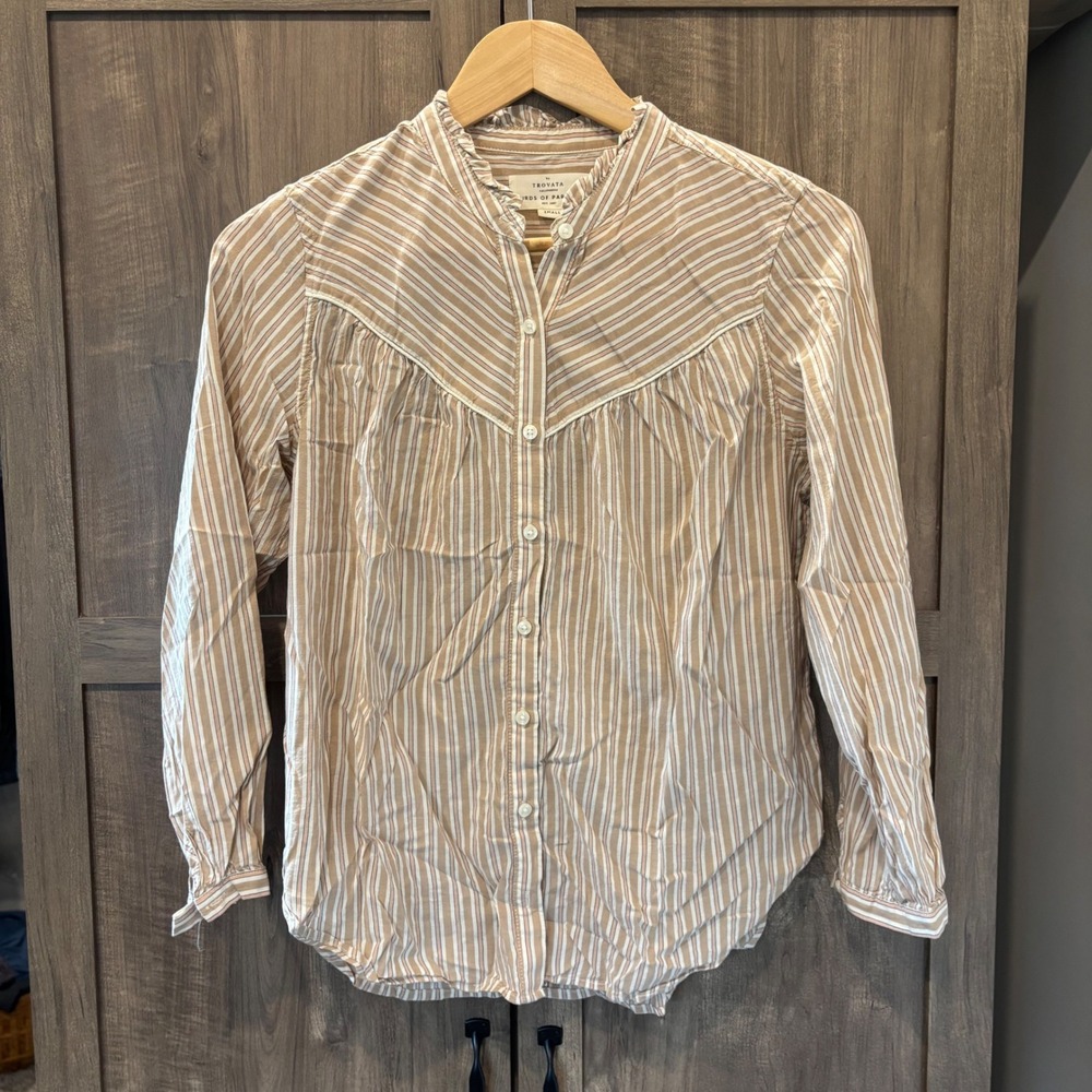 Trovata Birds of Paradis Top Tan Striped Ruffle Collar Button Down Shirt Small